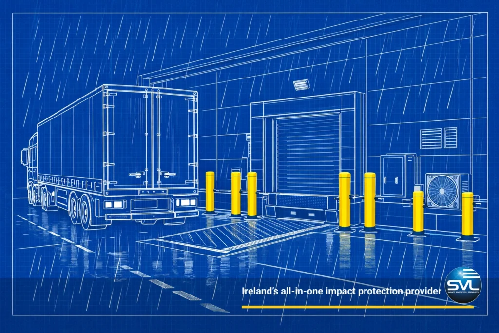 Illustration of a pharmaceutical loading bay with HGV reversing.