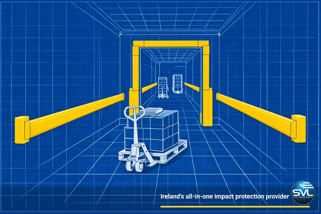 Illustration of retail back-of-house corridors protected by wall rails.