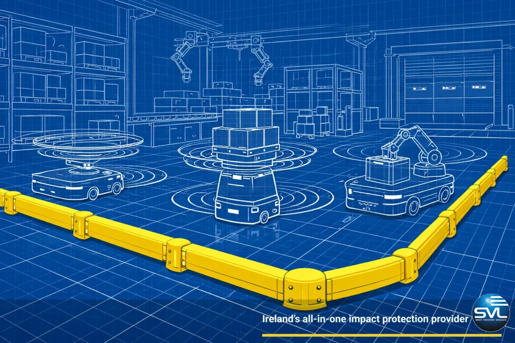 Schematic of a modern warehouse featuring Autonomous Mobile Robots (AMRs) and yellow polymer barriers on a technical grid.