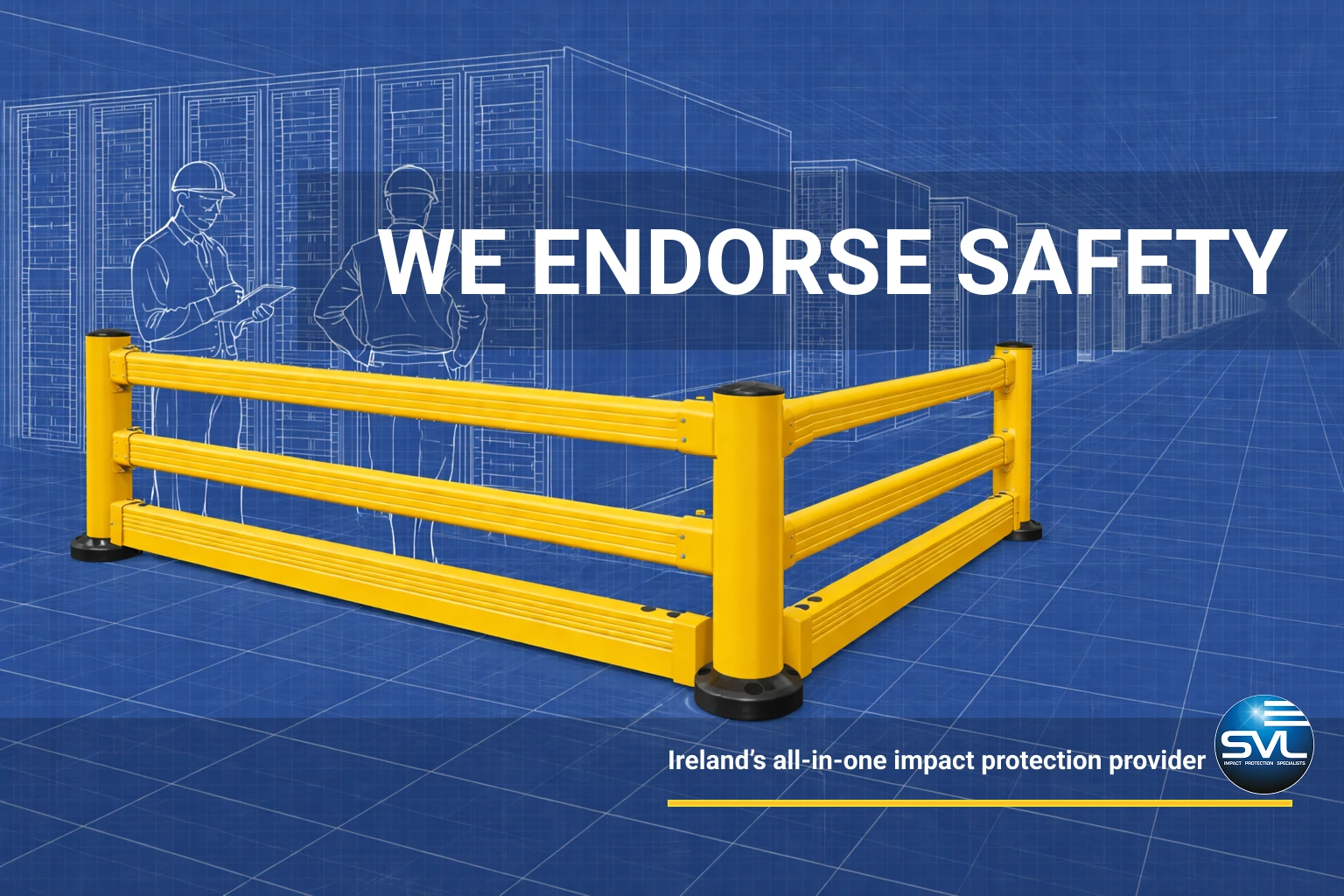 Yellow industrial safety barrier system in warehouse environment with blueprint background and safety message.