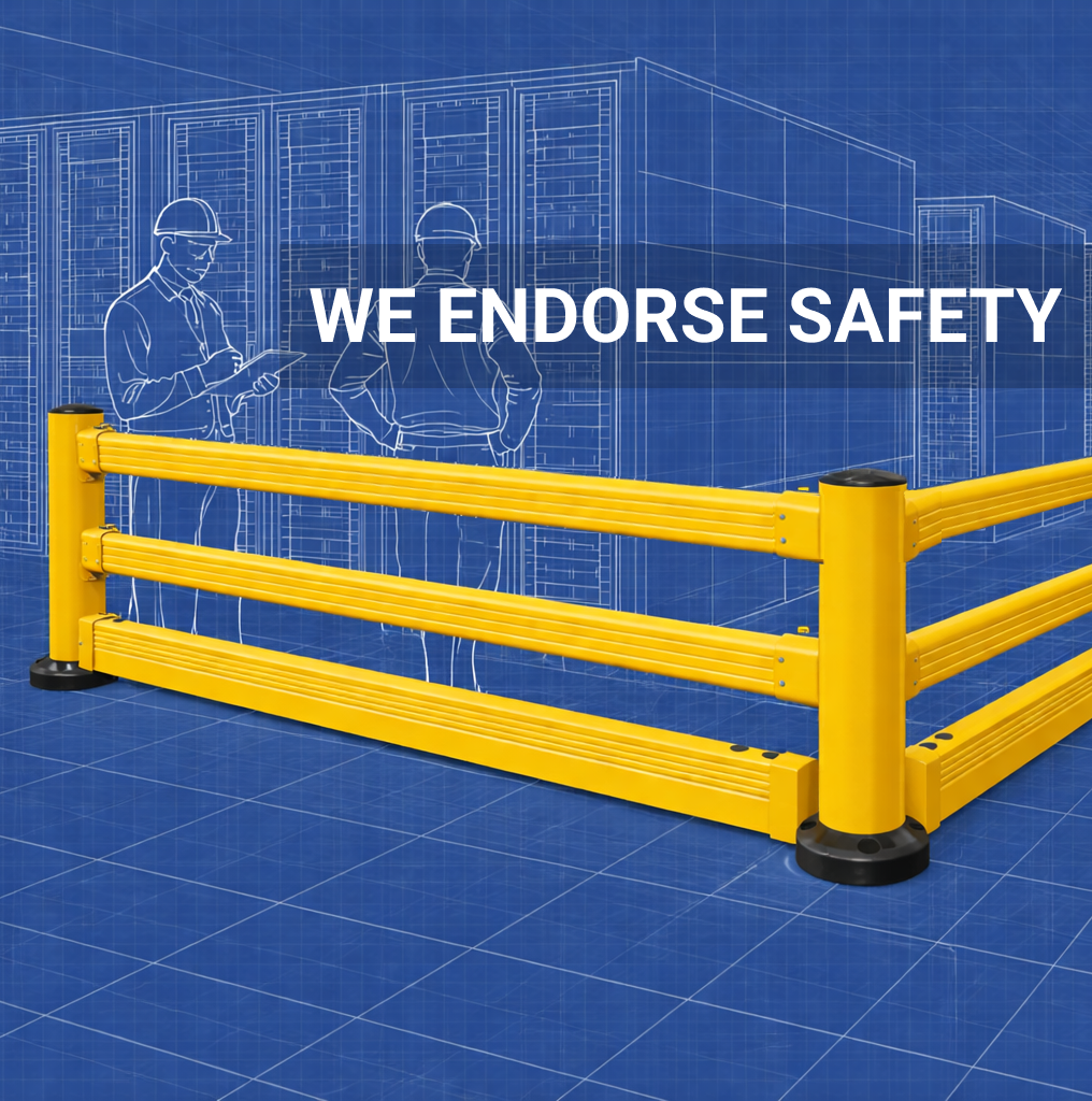 Yellow industrial safety barrier system in warehouse environment with blueprint background and safety message. small size