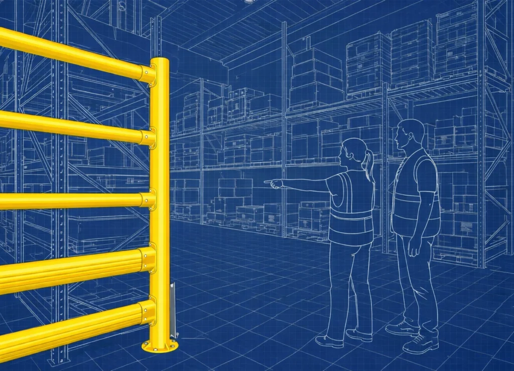 Technical blueprint illustration of pallet racking with a yellow impact protection barrier and two schematic warehouse workers demonstrating safe pedestrian separation.