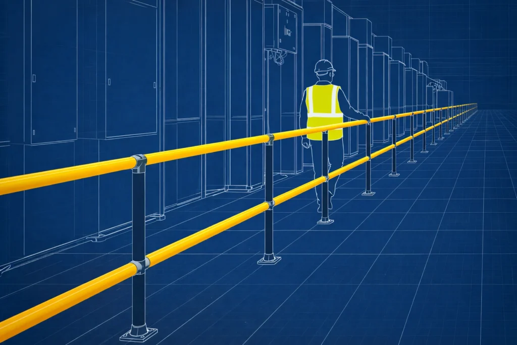 Technical blueprint illustration of a pedestrian safety handrail system separating a worker from electrical cabinets in an industrial facility.