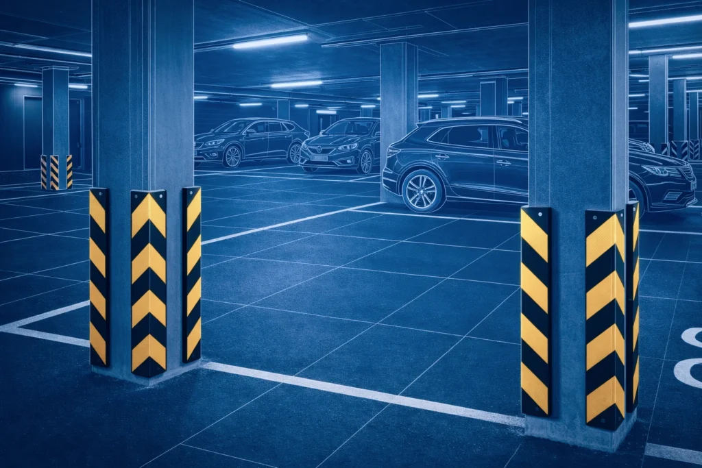 Rubber corner guards installed on concrete pillars in an underground car park to protect against vehicle impact