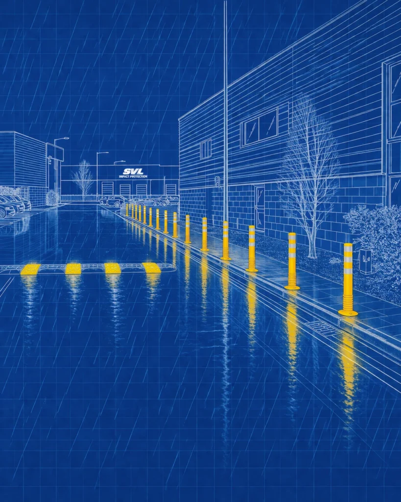 Flexible parking posts installed along a pedestrian walkway with a speed ramp in a commercial car park during wet weather conditions