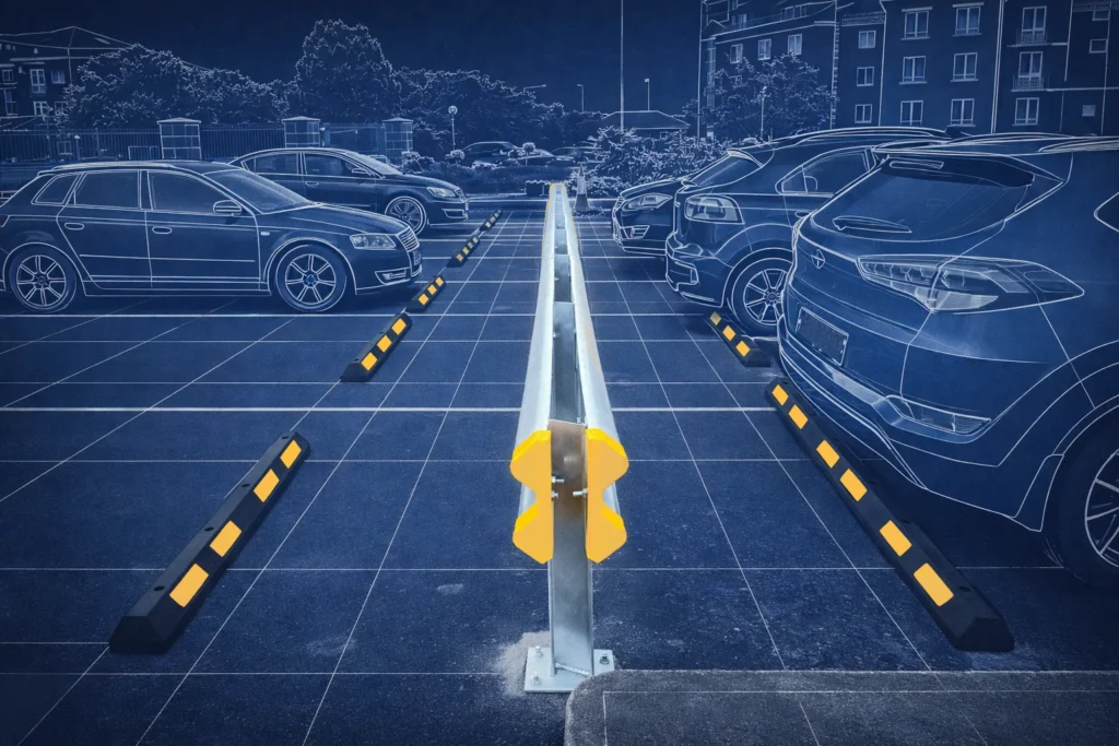 Car park with rubber wheel stops and Armco barrier system installed to protect vehicles and define parking spaces
