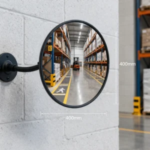 400mm Vista Flex indoor convex mirror mounted on a warehouse wall with adjustable arm and wall plate, showing warehouse aisle reflection and size dimensions
