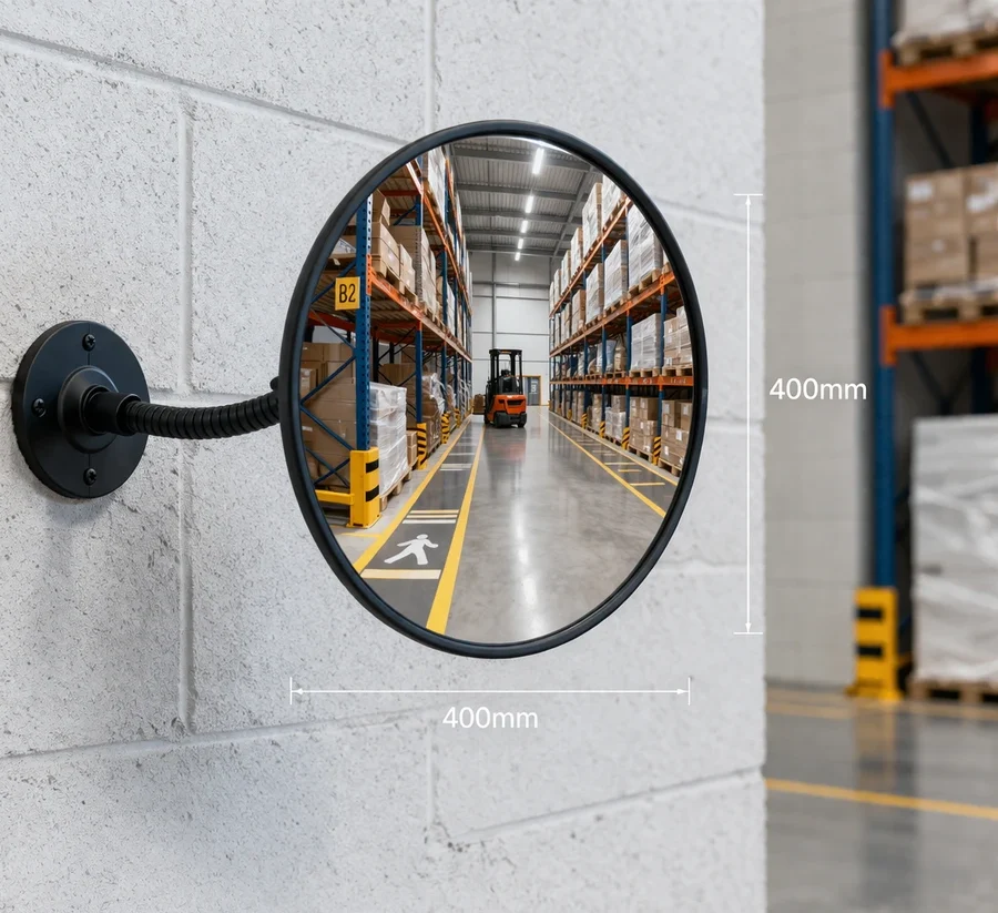400mm Vista Flex indoor convex mirror mounted on a warehouse wall with adjustable arm and wall plate, showing warehouse aisle reflection and size dimensions