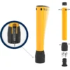 Flex+ Bollard product image showing a yellow flexible safety bollard with black base and cap, including an exploded view of its components and a close-up cutaway of the internal fixing and mounting system.