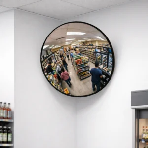 600mm Vista Flex indoor convex mirror mounted in a shop corner, reflecting retail aisles, stocked shelves, and shoppers for improved visibility at blind spots
