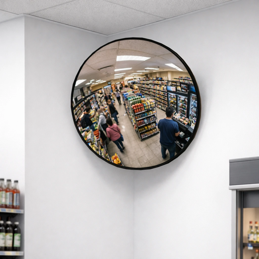 600mm Vista Flex indoor convex mirror mounted in a shop corner, reflecting retail aisles, stocked shelves, and shoppers for improved visibility at blind spots