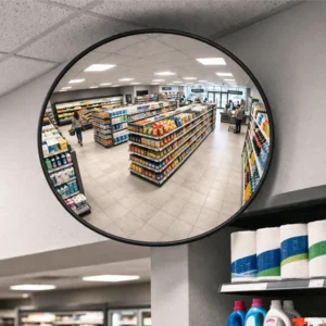 400mm Vista Flex indoor convex mirror installed in a grocery shop corner, showing a wide-angle view of store aisles, shelves, shoppers, and checkout area