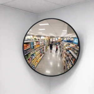 450mm Vista Flex indoor convex mirror mounted in a shop corner, reflecting retail aisles, stocked shelves, and shoppers for improved visibility at blind spots
