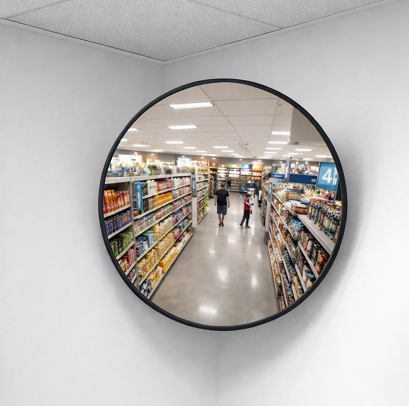 450mm Vista Flex indoor convex mirror mounted in a shop corner, reflecting retail aisles, stocked shelves, and shoppers for improved visibility at blind spots