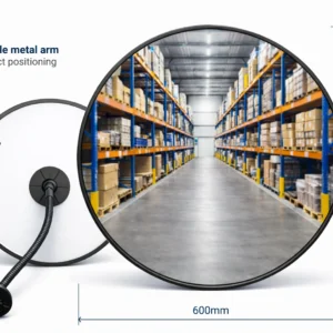 600mm Vista Flex indoor convex mirror showing front and rear view, adjustable metal arm, and warehouse aisle reflection with size dimensions marked 600mm