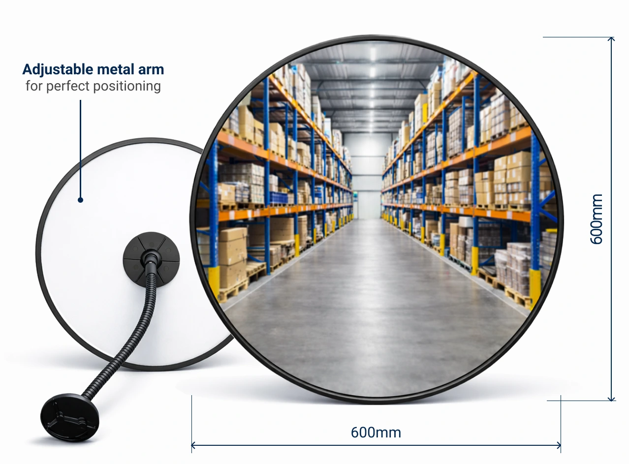 600mm Vista Flex indoor convex mirror showing front and rear view, adjustable metal arm, and warehouse aisle reflection with size dimensions marked 600mm