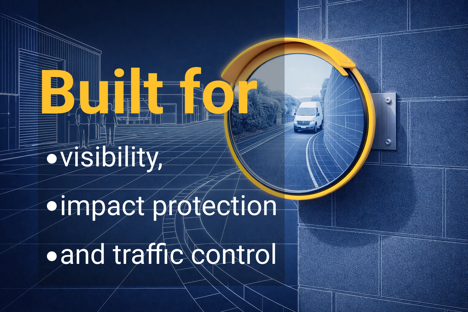 Blueprint-style hero image showing an outdoor convex safety mirror, a vehicle approaching a blind corner, and messaging about visibility, impact protection and traffic control