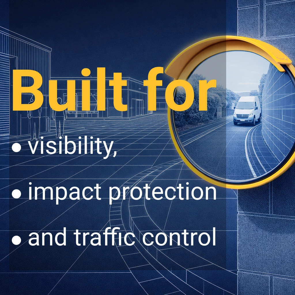 Blueprint-style hero mini image showing an outdoor convex safety mirror, a vehicle approaching a blind corner, and messaging about visibility, impact protection and traffic control