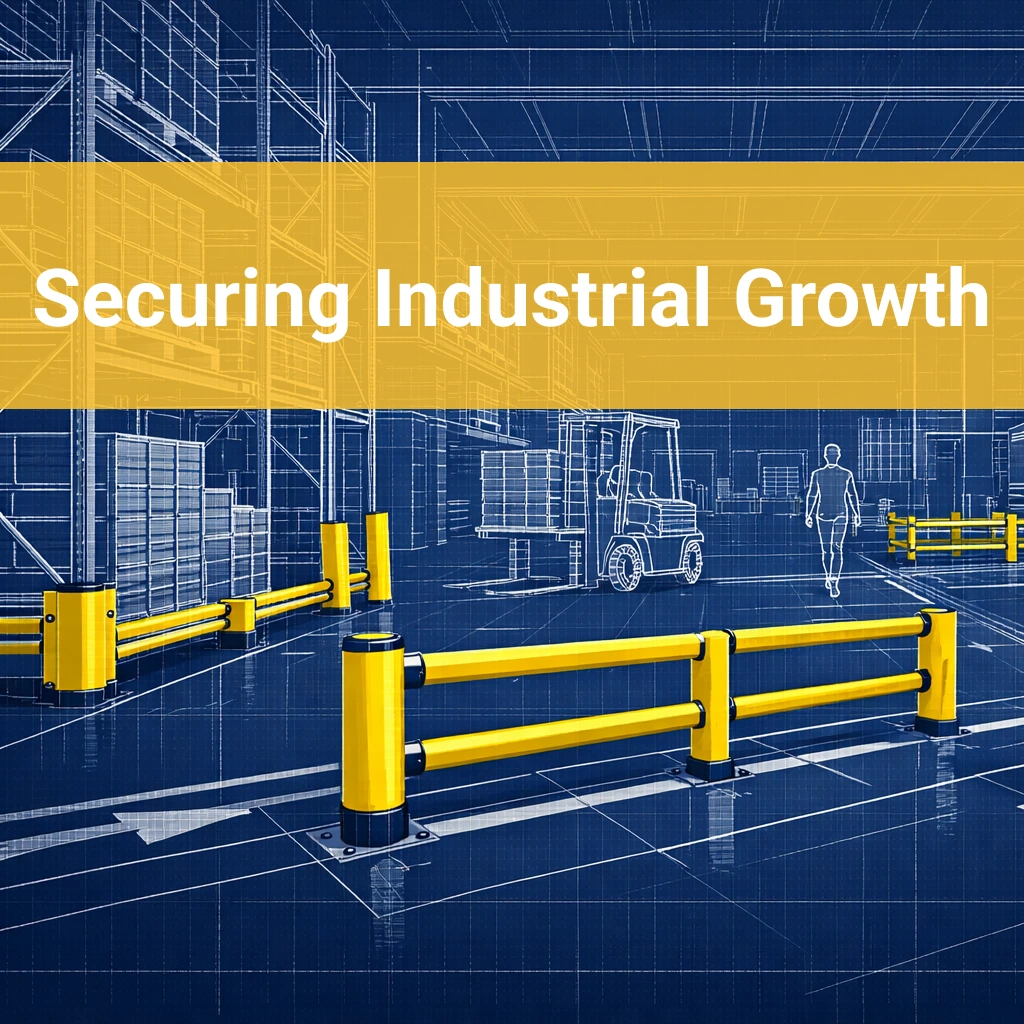 Blueprint-style warehouse illustration with yellow impact protection barriers and bollards, titled Securing Industrial Growth