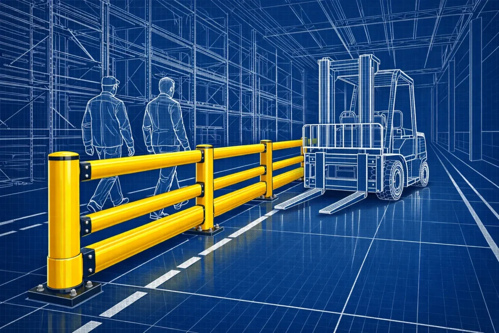Blueprint-style warehouse scene with yellow pedestrian safety barrier separating workers from forklift traffic