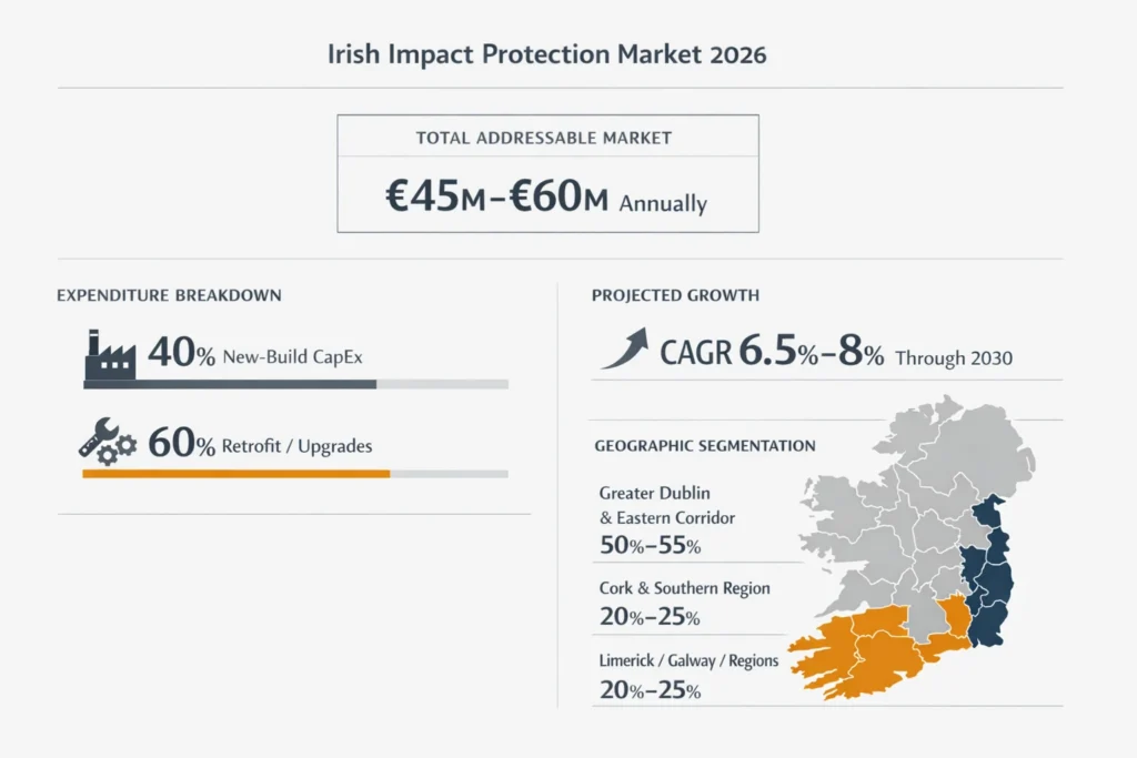 Infographic showing the Irish impact protection market in 2026, including total addressable market, expenditure breakdown, projected CAGR, and geographic segmentation
