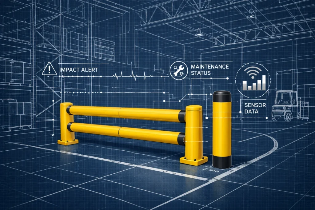 Blueprint-style warehouse illustration with smart safety barrier and bollard showing impact alerts, maintenance status, and sensor data