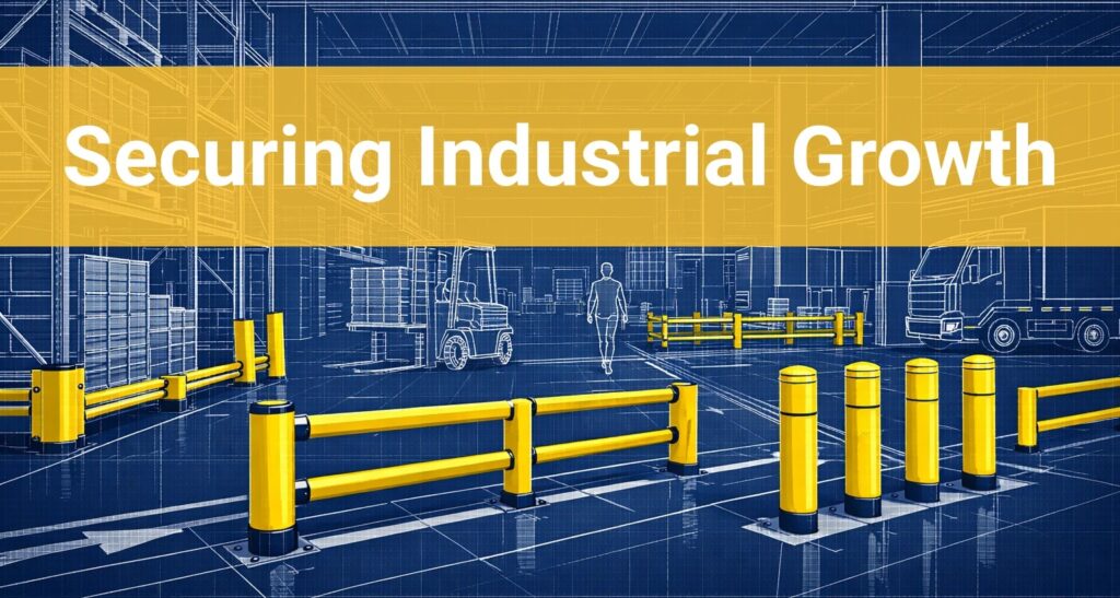 Blueprint-style warehouse illustration with yellow impact protection barriers and bollards, titled Securing Industrial Growth