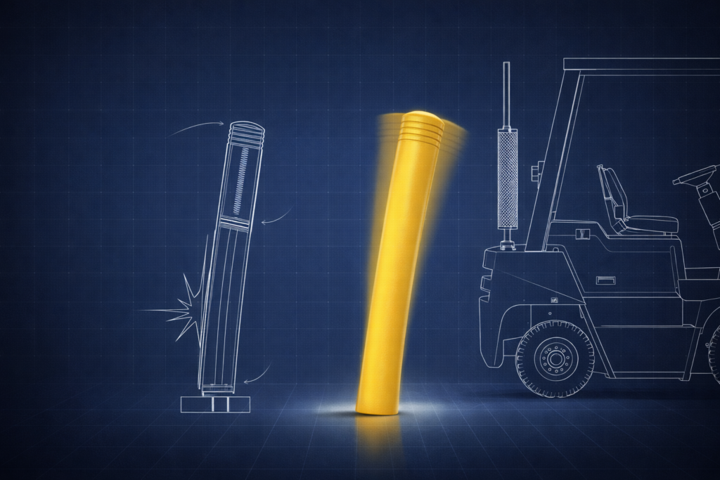 Illustration of flexible bollard absorbing forklift impact versus rigid bollard transferring force, showing safer industrial protection design