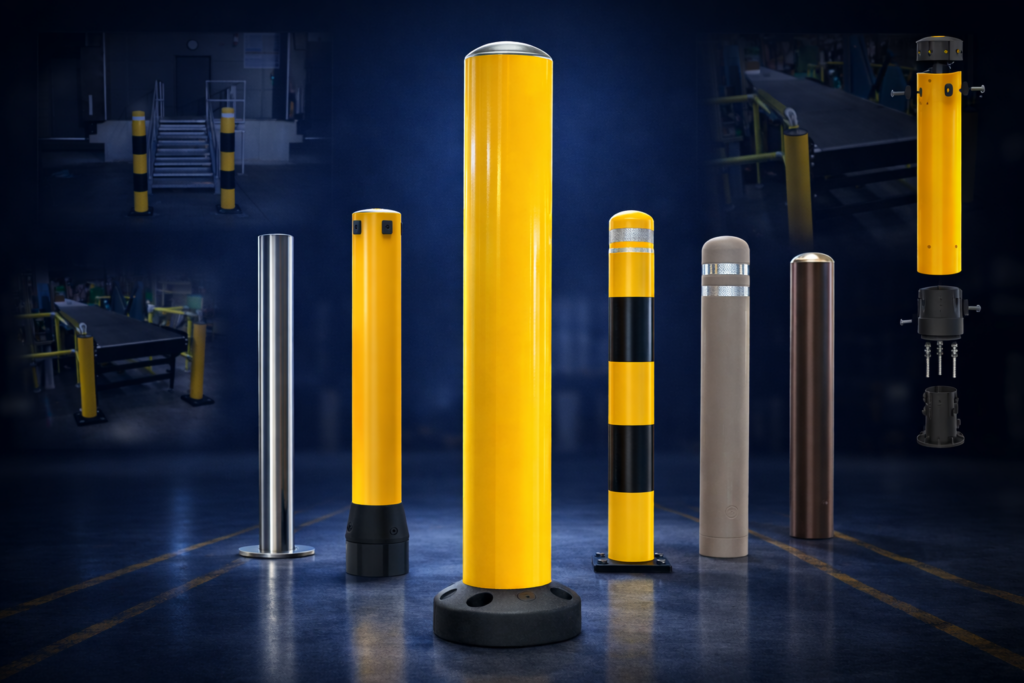 Different types of SVL's safety bollards including flexible, stainless steel and heavy-duty models used across industrial and commercial environments in Ireland