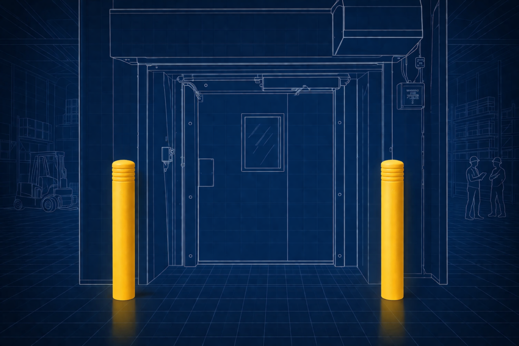 Flexicore industrial bollards installed at warehouse doorway to protect entrances from vehicle impact