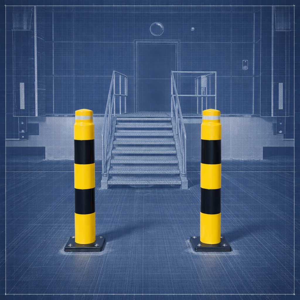 Heavy-duty service yard bollards with high-visibility markings installed to protect entrances and operational zones from vehicle impact