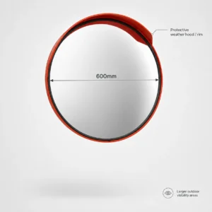 600mm outdoor convex mirror with weather hood and orange polypropylene frame for large outdoor blind spots