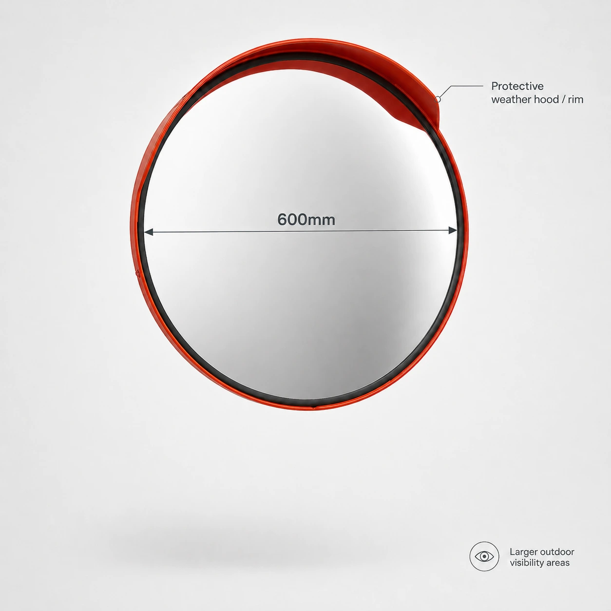 600mm outdoor convex mirror with weather hood and orange polypropylene frame for large outdoor blind spots