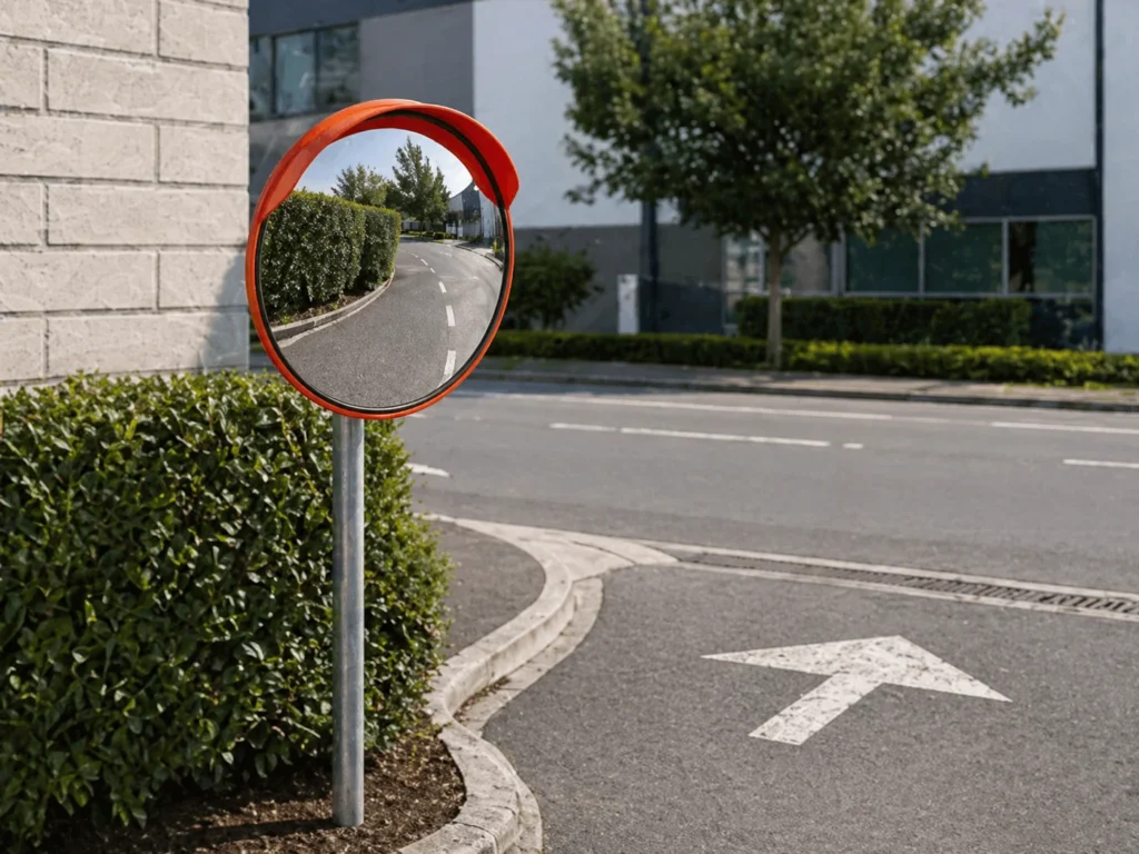 300mm outdoor convex traffic mirror installed at a blind corner to improve driveway and road visibility in Ireland
