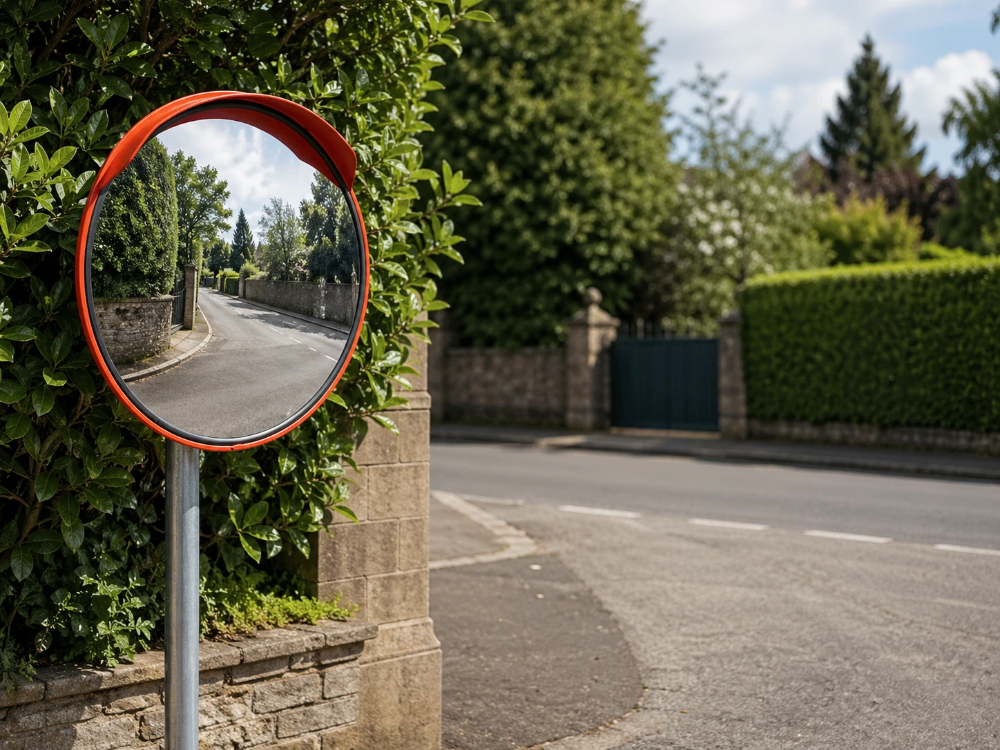 400mm outdoor convex traffic mirror installed at roadside blind corner for improved driveway and car park visibility