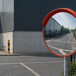 600mm outdoor convex traffic mirror installed at industrial site entrance for improved warehouse and yard visibility