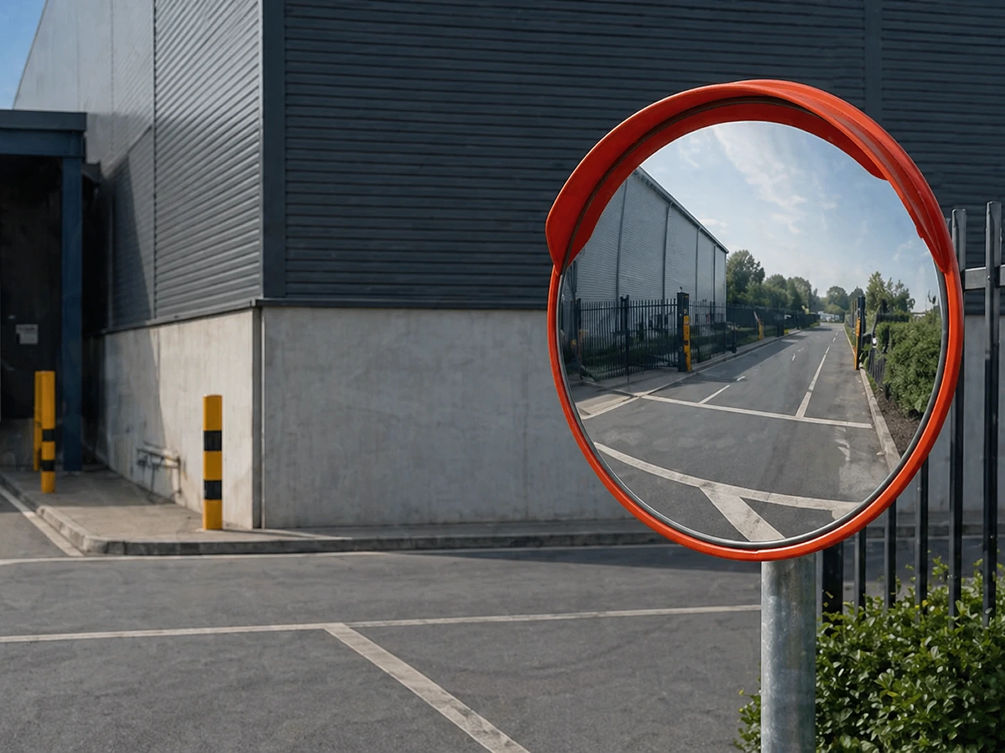 600mm outdoor convex traffic mirror installed at industrial site entrance for improved warehouse and yard visibility