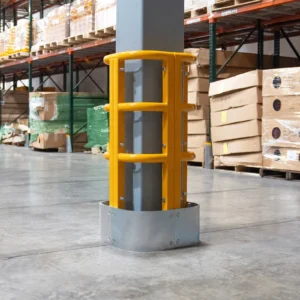 High-visibility warehouse column protector installed around an exposed column to reduce forklift impact damage.