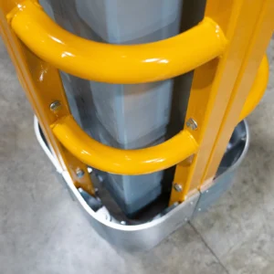 Close up High-visibility warehouse column protector installed around an exposed column to reduce forklift impact damage.