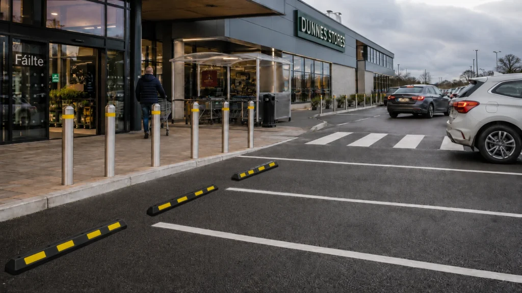 Retail car park with wheel stops, bollards, pedestrian crossing and vehicles outside a modern store entrance.