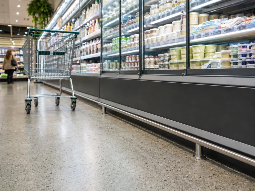 Shopping trolley beside refrigerated display cases with a stainless steel floor rail protecting the base of the fixtures.