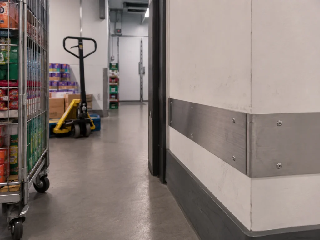 Back-of-house retail corridor with a trolley, pallet truck and stainless steel wall protection installed along a marked wall corner.