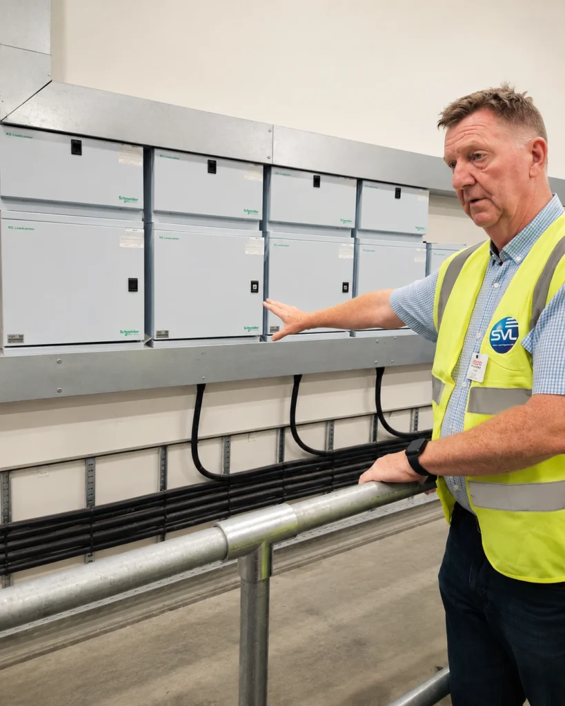 SVL director - Don Harrington- standing beside protective barrier and electrical equipment during a retail site protection assessment.