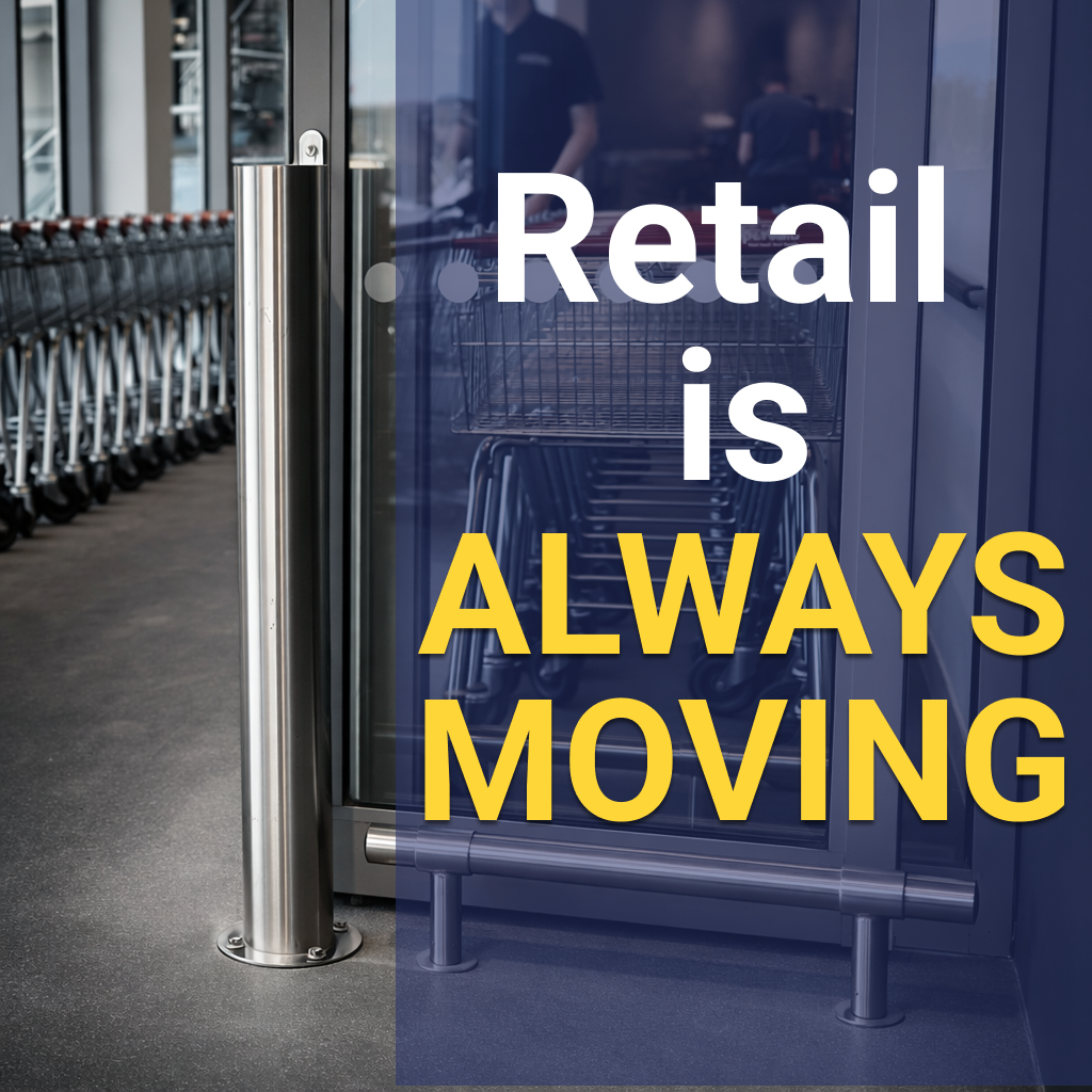 Graphic showing shopping trolleys at a retail entrance with the text “Retail is always moving. Damage prevention starts by understanding where contact happens.”