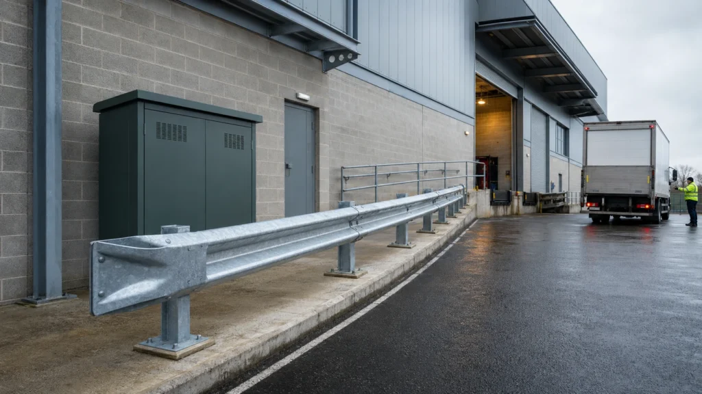 Galvanised Armco barrier protecting a stadium loading-bay approach as a delivery truck reverses