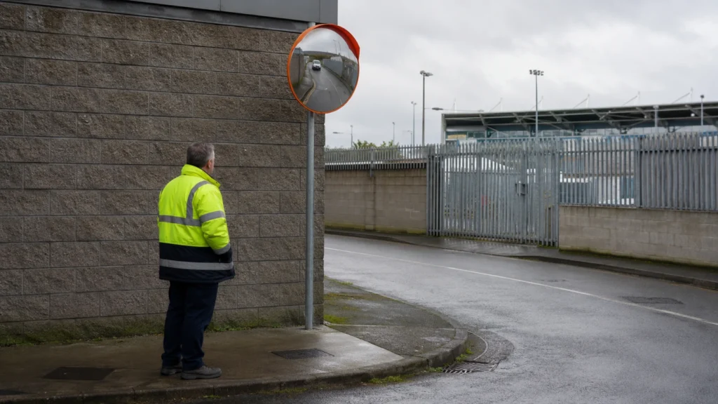 Outdoor convex safety mirror at a blind stadium service-road corner with a high-visibility worker