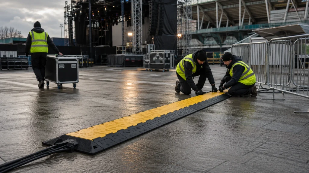 Event crew installing a yellow and black cable protection ramp beside temporary stadium stage equipment