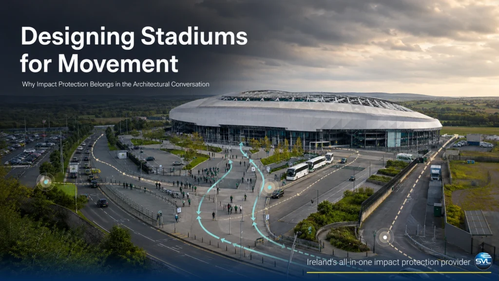 Aerial view of a large stadium with illustrated pedestrian and vehicle movement routes across the surrounding site