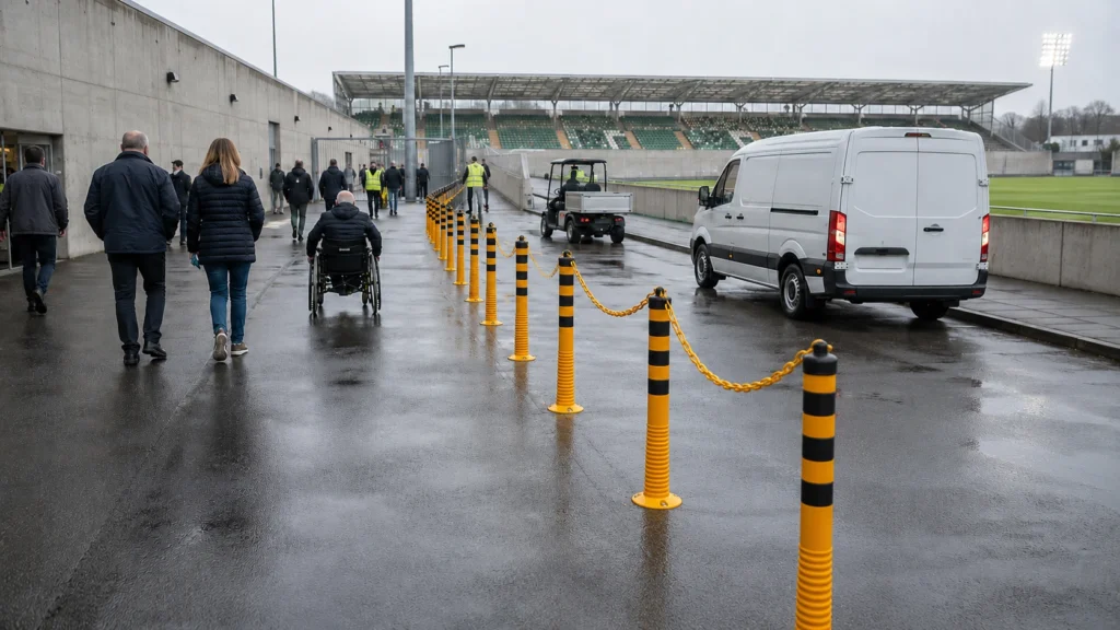 Yellow and black posts separating pedestrians and a wheelchair user from vehicles on a wet stadium service route