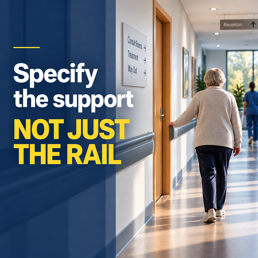 An older woman walks along a healthcare corridor using a wall-mounted handrail for support. Text reads: “Specify the support. Not just the rail.”